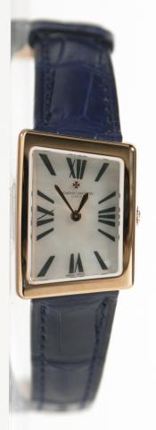 Vacheron Constantin 1972. Watch with an eccentric-asymmetric shape of the pink gold 18 k. case. Quartz movement, white mother of pearl dial. Strap in alligator with pink gold ardillon buckle.