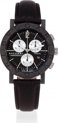 Carbongold Tokyo Chronograph.Bulgari, Carbongold Tokyo, No..413/999, Ref. BB38CLCH. Made in a limited.edition of 999 examples in 2007..Fine, carbon-fiber and steel, water-resistant.quartz wristwatch with oval-button chronograph.registers, date and Bulgari