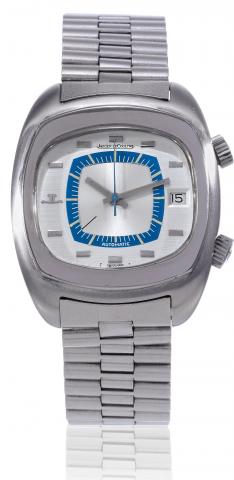 Jaeger LeCoultre, Memovox Automatic, case.No. 1262915, Ref. E 871. Produced in the 1970s..Fine, cushion-shaped, center-seconds, self-winding, water-resistant.stainless steel wristwatch with alarm, date, two crowns and a stainless.steel Jaeger LeCoultre br