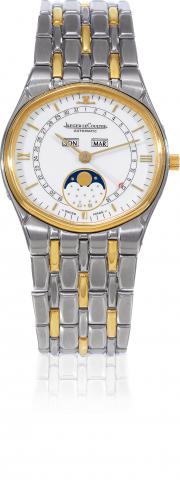 Jaeger LeCoultre, Albatros.case No. 1643153, Ref..145.302.5. Made in 1988..Fine, water-resistant, self-winding, 18K yellow gold and.stainless steel wristwatch with triple date.moon phases and an 18K yellow gold and.stainless steel integrated bracelet..To 