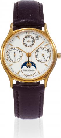 Jaeger-LeCoultre, Lyre, Ref..141.140.1, case No. 1625365..Made in 1986..Fine, astronomic, center-seconds, selfwinding.water-resistant, 18K yellow gold.wristwatch with triple date calendar, leather.strap and Jaeger LeCoultre buckle.