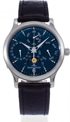 Platinum Master Perpetual.Jaeger-LeCoultre, Master Perpetual, case No. 246, Ref..140.6.80. Produced in a limited edition of 250 examples in 1997..Very fine and rare platinum wristwatch with perpetual calendar and.moon phases, with hinged back and a platin