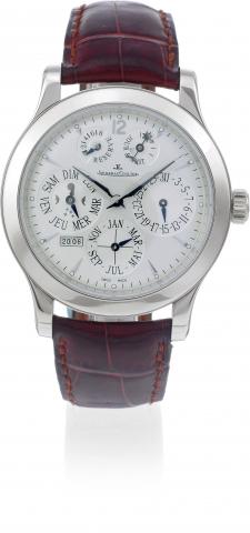 Master 8-Day Perpetual.Jaeger-LeCoultre, Master Control 1000 Hours - Antoine.LeCoultre, No. 121/200, Ref. 146.6.26.S. Made in a limited edition.of 200 pieces in 2004..Very fine, water-resistant, platinum wristwatch with secular perpetual.calendar, 8-day p