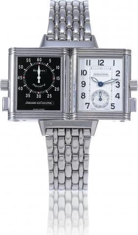 Stainless Steel Memory.Jaeger-LeCoultre, Reverso Memory, case No. 2031197.Ref. 255.5.82. Made circa 2000..Fine, rectangular, stainless steel reversible wristwatch with two.dials, permanent minute register and fly-back mechanism and a.stainless steel Jaege