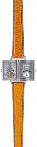 Reverso Platinum No. 2, Tourbillon.Jaeger-LeCoultre, Reverso - Tourbillon Platinum.Number Two , No. 60/500, Ref. 270. 6.48. Made in a.limited edition of 500 pieces in 2004..Very fine and rare, rectangular, platinum reversible wristwatch.with one-minute to
