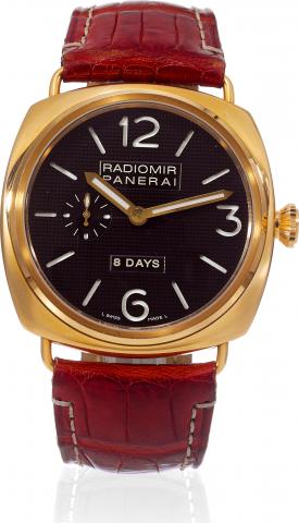 Yellow Gold Radiomir 8 Days.Officine Panerai, Firenze 1860, Radiomir 8 Days, No. G143/200, Ref. OP 6614. Made in a limited.edition of 200 examples in 2004..Very fine and rare, large, cushion-shaped, water-resistant, 18K yellow gold wristwatch with an 18K 