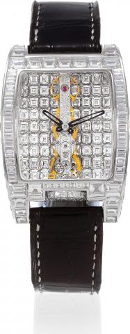 Golden Bridge Joaillerie Diamonds.Corum, Swiss, No. 1752894, Ref. 113.859.69. Made in 2007..Extremely fine and equally rare, large, 18K white gold, curved tonneau-shaped wristwatch with visible Golden Bridge.movement and set with 256 diamonds weighing a t