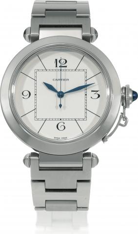 Stainless Steel Pasha Jumbo.Cartier, Pasha Automatic, Ref. 2730. Made in the 1990s..Fine, center seconds, self-winding, water-resistant, stainless steel wristwatch with a polished and brushed Cartier stainless steel.bracelet with concealed deployant clasp