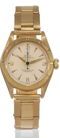 Bubble Back.Rolex,Oyster Perpetual, Officialy Certified Chronometer, case No. 911838, Ref. 6007. Made in 1954..Fine, water-resistant, self-winding, center seconds, 18K yellow gold wristwatch with a 18K yellow gold expanding riveted.Oyster bracelet with de