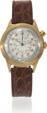 Yellow Gold Single Button.Artillerie Chronograph.Movado, Swiss, Ref. 2570. Made circa.1940, for the Eastern European market..Fine and rare, mid-sized, water-resistant, 14K.yellow gold wristwatch, with single button.chronograph, tachometer, and telemeter..