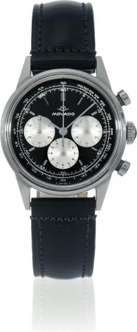 Stainless Steel Chronograph.Movado, Switzerland, case No..95-704-568, Ref. 2488. Made in.the 1960s..Fine and rare, water-resistant, stainless.steel wristwatch, round button chronograph.registers and tachometer..To be sold without reserve