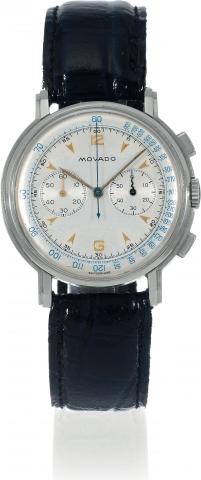 Stainless Steel Chronograph.Movado, Chronograph, No..A96635, Ref. 19033. Made in the 1950s..Fine, stainless steel wristwatch with.square-button chronograph with register.and tachometer..To be sold without reserve