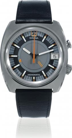 Memomatic Cushion.Omega, Seamaster Memomatic.Ref. ST 166.072. Made in the 1970s..Fine and rare, cushion-shaped, self-winding.center seconds, water-resistant, stainless.steel wristwatch with alarm, date and a stainless.steel Omega bracelet with deployant.c