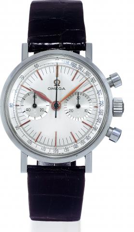 Omega, Chronograph.movement No. 22823349, Ref..105.005-65. Made in 1965..Fine, water-resistant, stainless steel wristwatch.with round button chronograph.registers, tachometer and steel Omega.buckle.