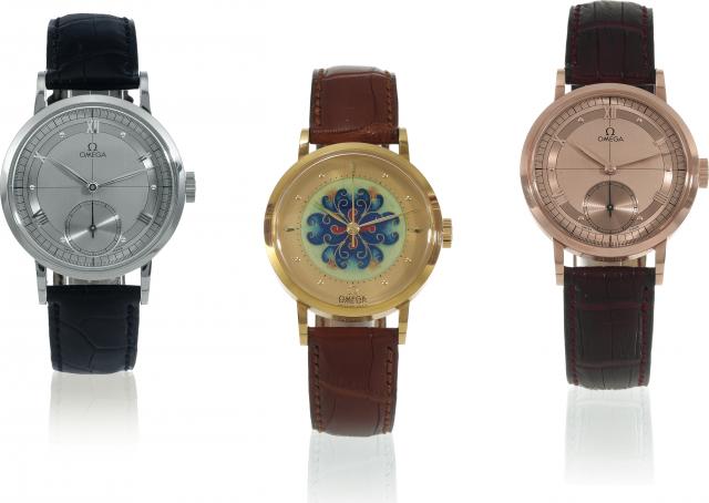 Hundredth Anniversary Limited Edition, Set No. 43.Omega, 1894, Set No. 43 of 100 sets, made in 1994 to mark the hundredth anniversary of Omega. The set comprises two.watches with perpendicular line dials and one with cloisonn_ flower dial. Accompanied by 