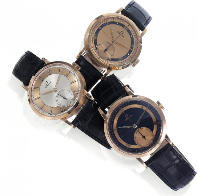 Three fine and rare 18K pink gold gentleman`s wristwatches, each made in a limited edition in 1994 for the Japanese market to.commemorate the hundredth anniversary of Omega. This lot is sold with boxes, and certificates of Authenticity.