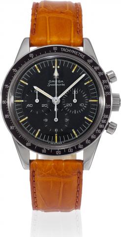 Moonwatch.Omega Speedmaster, movement No. 24954583.Ref. ST 105.003-65. Made in 1966..Fine and rare, water-resistant, stainless steel wristwatch with.round button chronograph, registers and tachometer.