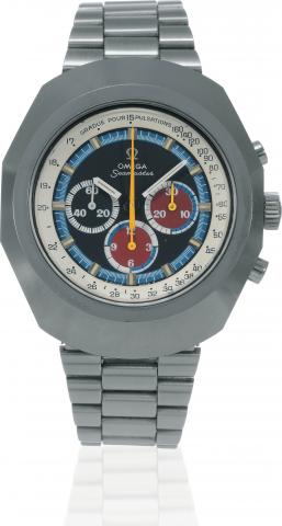 Anakin Skywalker.Omega, Seamaster, movement No. 32202164.Ref. ST 145.0023. Made in 1970..Fine and very rare, tonneau-shaped, water-resistant, tungstenbombarded.1200 Vickers stainless steel wristwatch with round.button chronograph, 12-hour and 30-minute re