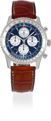 Platinum Navitimer.Breitling, Navitimer Airborne, No. 59/100, Ref..L33030. Made in a limited series of 100 examples in the 1990s..Fine and rare, self-winding, water-resistant, platinum wristwatch.with round button chronograph, registers, date, slide.rule 