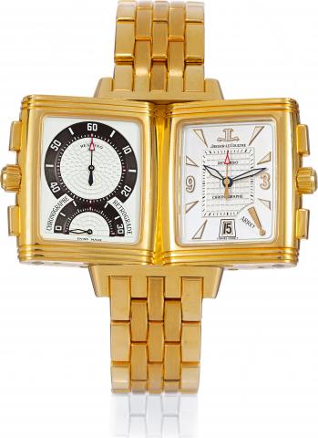 Yellow Gold Chronograph Retrograde.Jaeger-LeCoultre, Reverso Gran-Sport - Chronographe.R_trograde, Ref. 295.1.59. Made circa 2000..Fine, rectangular, double-dial, water-resistant 18K yellow gold.reversible wristwatch with square-button chronograph, retrog