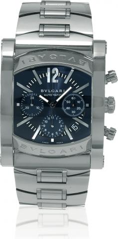 Assioma Chronograph.Bulgari, Assioma, No. 276055, Ref. L0159. Made circa 2007..Fine, large, curved quadrangular, self-winding, water-resistant, stainless steel wristwatch with round-button chronograph.registers, date and a stainless steel Bulgari bracelet