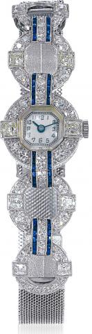 Art Deco Platinum, Diamonds & Sapphires.Swiss, No. 16500. Made in the 1920s..Very fine and elegant, Art Deco, platinum, lady's diamond and.sapphire-set wristwatch with a fine 18K white gold mesh.bracelet by Gay Freres.