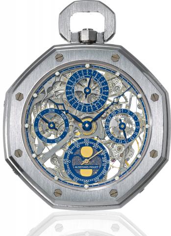 Platinum Royal Oak Dress Watch.Audemars Piguet, No 10, movement No 280483, case No. D 22061.10. Made circa 1995..Extremely fine, platinum, skeleton, keyless dress-watch with perpetual calendar.