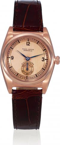 Ref. 3130 Pink Gold Bubble-Back.Rolex, Oyster Perpetual, Chronometer, case No..444191. Made in 1946..Fine and rare, self-winding, water-resistant, tonneau-shaped.14K pink gold wristwatch.