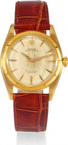 Yellow Gold Ref. 6099.Rolex, Oyster Perpetual, Officially Certified Chronometer.case No. 947822, Ref. 6099. Made in 1953..Fine and very rare, tonneau-shaped, water-resistant, centerseconds.self-winding, 18K yellow gold wristwatch with a gold.plated Rolex 