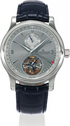 Platinum Master Tourbillon.Jaeger-LeCoultre, Master Tourbillon - 1000 Hours, No. 140/300, Ref..146.6.34S. Made in a limited edition of 300 pieces in 2006..Very fine and rare, self-winding, water-resistant, platinum wristwatch with visible oneminute.tourbi