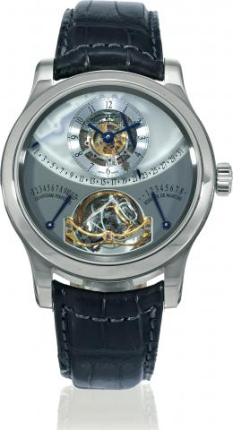 Gyrotourbillon 1.Jaeger-LeCoultre, Gyrotourbillon 1, No. 32/75, Ref. 149.6.075. Made in a limited edition of 75 pieces from 2005 with a.production limited to 20 pieces per year. Sold on October 16, 2007..Exceptional and highly complicated, large, water-re