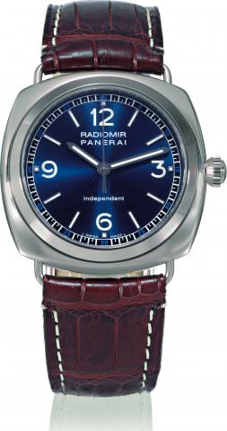 PAM 80 Independent.Officine Panerai, Radiomir _ Independent, No. D 102/160, Ref. OP 6551. Made in a limited edition of 160 examples.in 2001. Sold on May 8, 2007..Fine, cushion-shaped,water-resistant, dead center-seconds, 18K white gold wristwatch with an 