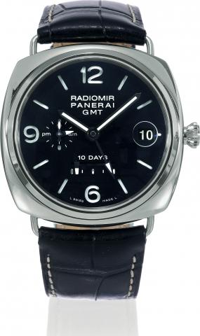 PAM 235, Radiomir 10 Days GMT.Officine Panerai, Firenze 1860, Radiomir 10 Days GMT, No. J099/250, Ref. OP 6661. Made in a limited edition of 250.examples in 2007, sold on November 29, 2007..Very fine and rare, large, cushion-shaped, water-resistant, two-t