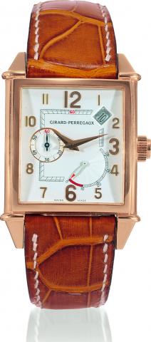 Vintage Power Reserve.Girard-Perregaux, Vintage Power.Reserve, Automatic, Ref. 2585. Made.circa 2005..Fine, rectangular curved, self-winding.water-resistant, 18K pink gold wristwatch.with 45-hour power reserve indicator.date and 18K pink gold Girard-Perre