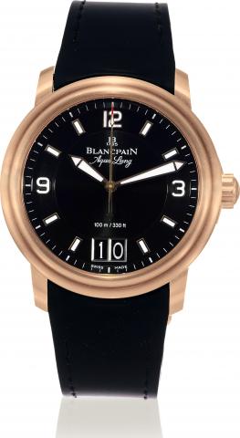 Aqua Lung.Blancpain, Aqua Lung - Leman, No. 5, Ref. 2850B.3630 64B. Sold on November 19, 2007..Very fine, center-seconds, self-winding, water-resistant to 100m.18K brushed pink gold wristwatch with large date and an 18K.pink gold deployant clasp. Accompan