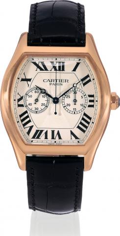 Tortue Monopoussoir.Cartier, Collection Priv_e, Tortue Monopoussoir, movement No. 0245, No. 245, Ref. 2781. Sold in July 2006..Very fine and rare, tonneau-shaped, water-resistant, 18K pink gold wristwatch, single-button chronograph, register with an 18K.C