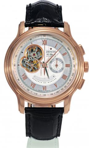 El Primero ChronoMaster Open.Zenith, ChronoMaster Open - El Primero, Ref. 18 1260 4021. Sold on.October 15th, 2003..Fine, large, thick, self-winding, water-resistant, 18K pink gold wristwatch with square.button chronograph, register, tachometer, power-res