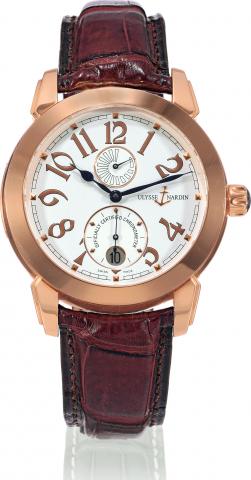 Ulysse I.Ulysse Nardin, Officially Certified.Chronometer, No. 193, Ref. 272-88..Made circa 2005..Fine, water-resistant, self-winding, 18K.pink gold chronometer wristwatch with.date, power reserve and an 18K pink gold.Ulysse Nardin buckle.