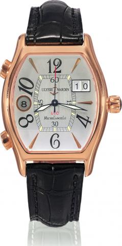 Michelangelo UTC.Ulysse Nardin, Michelangelo.UTC, No. 069, Ref. 226-48. Made circa.2005..Fine, tonneau-shaped, self-winding, center.seconds, water-resistant, two time zone.18K pink gold wristwatch with big date.and an 18K pink gold Ulysse Nardin.buckle.