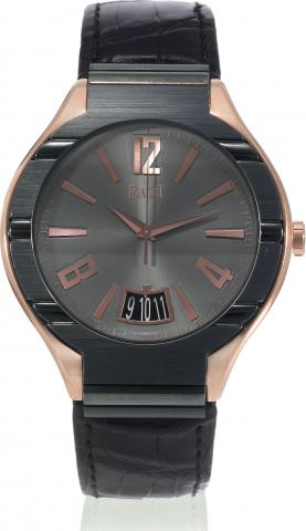 Grande Polo.Piaget, Grande Polo.No. 958617, Ref. P10384. Made circa 2007..Very fine, tonneau-shaped, self-winding.water-resistant, 18K pink gold and titanium.wristwatch with center-seconds.large date and an 18K pink gold deployant.clasp..To be sold withou