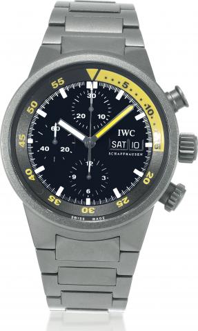 Aquatimer.International Watch Co., Schaffhausen, Aquatimer - Chronograph, case No. 3082385, Ref. IW3719. Sold on April.18th, 2005..Fine, self-winding, water-resistant, titanium wristwatch with round button chronograph, registers, day/date and a titanium I
