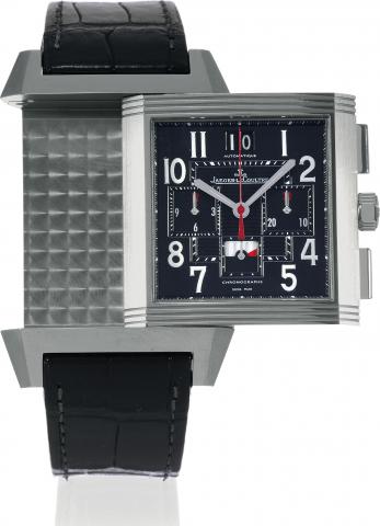 Reverso Squadra _ World Chronograph.Jaeger-LeCoultre, Reverso Squadra _ World Chronograph, Automatique, 1000 Hours Control, No. 0214/1500, Ref..231.T.50. Made in a limited edition of 1500 pieces in 2007..Fine and rare, large, rectangular and reversible, w