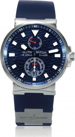 Blue Wave.Ulysse Nardin, Le Locle, Suisse, Marine, 1846, Officially Certified Chronometer, movement No. 32453, No. 1553.Ref. 263-68. Made in a limited edition of 1846 examples in stainless steel and in 350 examples in pink gold, sold on June 19th, 2006..F