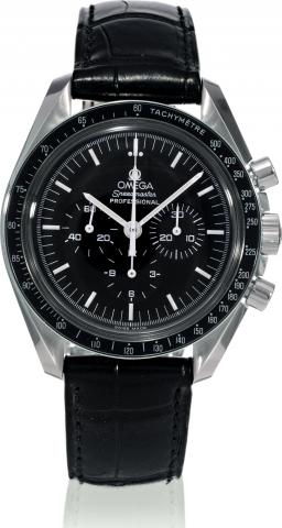 Omega, Speedmaster Professional, case No. 77179427, Ref. 38705031. Made circa 2006, sold on October 8, 2007..Fine, water-resistant, stainless steel wristwatch with round button chronograph, registers, black bezel with tachometer.and a stainless steel Omeg