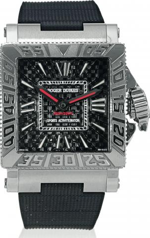 AcquaMare.Roger Dubuis, Horloger Genevois, AcquaMare _ Sports Activity Watch, 300m/990ft _ Just For Friends, No. 202/280..Made circa 2005..Fine, large, carre-cambre, curved square, self-winding, water-resistant, stainless steel wristwatch with white gold 