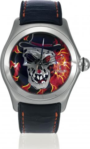 Baron Samedi.Corum, Collector Series 2006.No. 170/777, case No. 1747064, Ref..3000217020F10. Made in a limited series.of 777 examples in 2006, sold on October.16th, 2006..Fine and unusual, large and curved, centerseconds.self-winding, water-resistant.stai