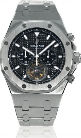 Royal Oak Tourbillon Chronographe.Audemars Piguet, Royal Oak, Tourbillon Chronograph, movement No. 600764, case No. F 65205, Ref..25977ST. Made in limited numbers circa 2005, sold on July, 27th, 2006..Very fine and important, large, water-resistant, stain