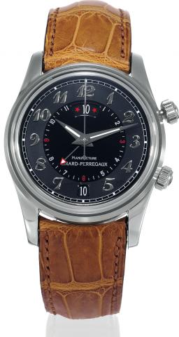 Traveller II Time-Zone Alarm.Automatic.Girard-Perregaux, Traveller II Time Zone -.Alarm Automatic, No. 1803, Ref. 4940..Made circa 2000..Fine, two-time-zone, self-winding, waterresistant.to 3 ATM, stainless steel wristwatch.with center-seconds, 24-hour in