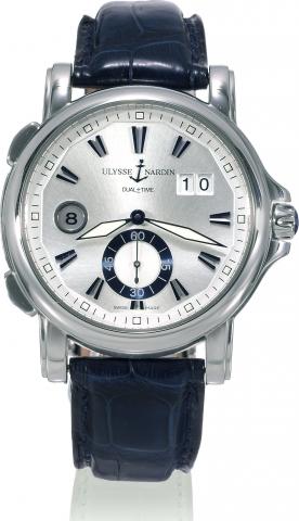 Dual Time 42 mm.Ulysse Nardin, Dual Time, movement No. 0073, No. 0202, Ref. 243-55. Sold on March 17th, 2006..Fine, water-resistant, self-winding, two-time zone, stainless steel wristwatch with large date and a stainless steel Ulysse Nardin.double deploya
