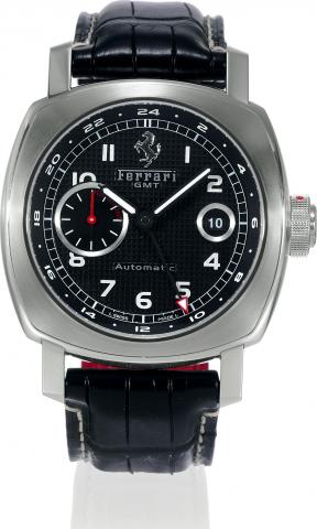 Granturismo GMT.Ferrari _ Engineered by Officine Panerai, Ferrari.GMT, Automatic, No. FA417/750, case No. BB1187647 Ref..FER00003. Made in a limited edition of 750 pieces in 2006, sold.on December 17th, 2006..Fine, large, cushion-shaped, self-winding, wat